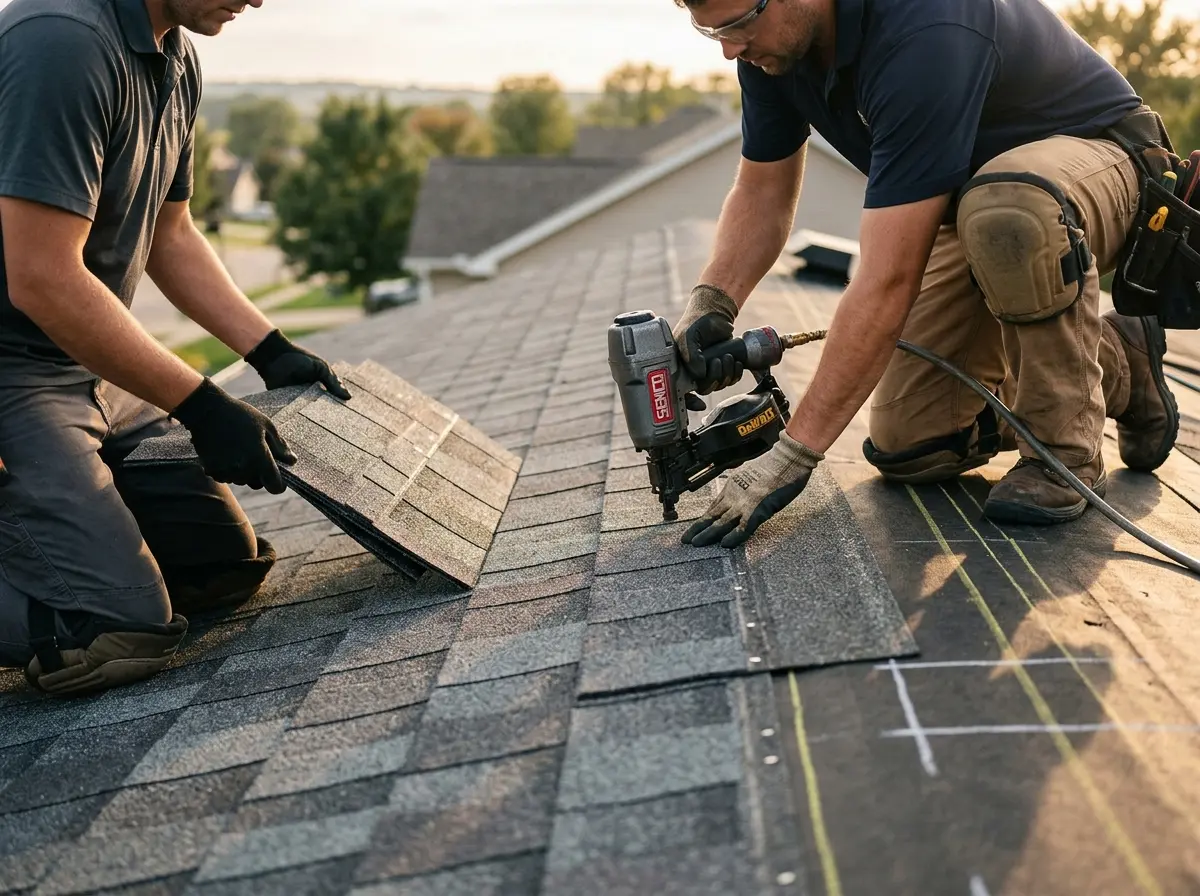 Professional roofer working on a residential roof in Mankato
